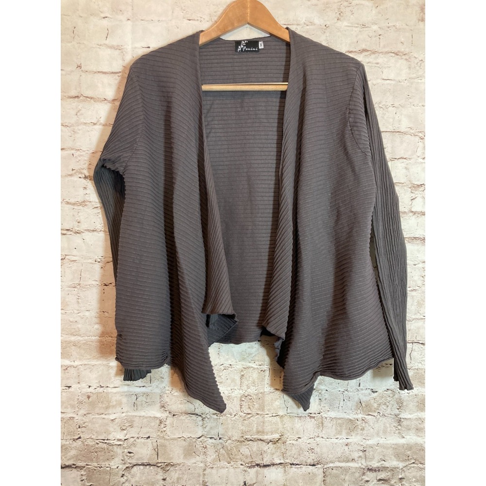 Fenini Lagenlook Top Womens Medium Gray Textured Ribbed Open Front Asymmetric